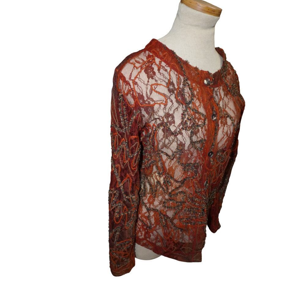 Vintage Sheer Burnt Orange Embroidered Lace Mesh Button-Up Top Boho Whimsy Goth - Picture 5 of 14